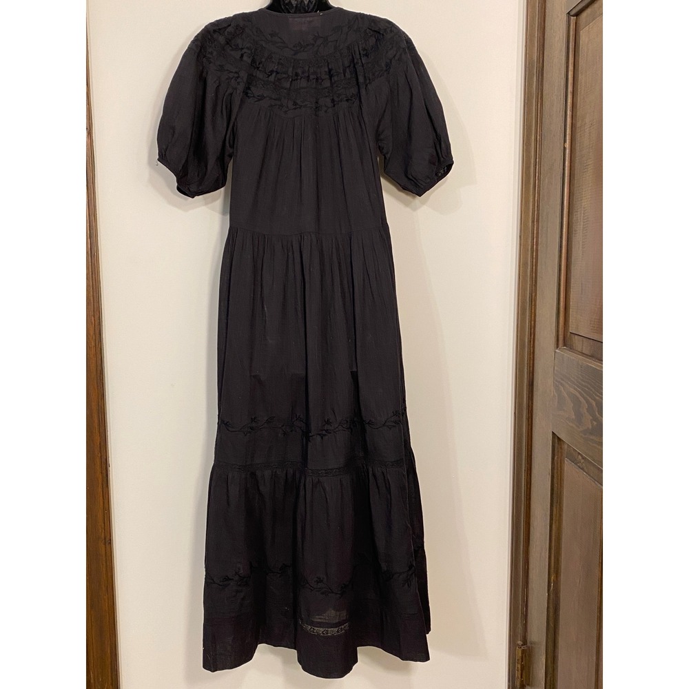 The GREAT. Black Cotton Embroidered Tiered Maxi Dress Puff Sleeve Boho Size 1 Sm - Picture 2 of 8
